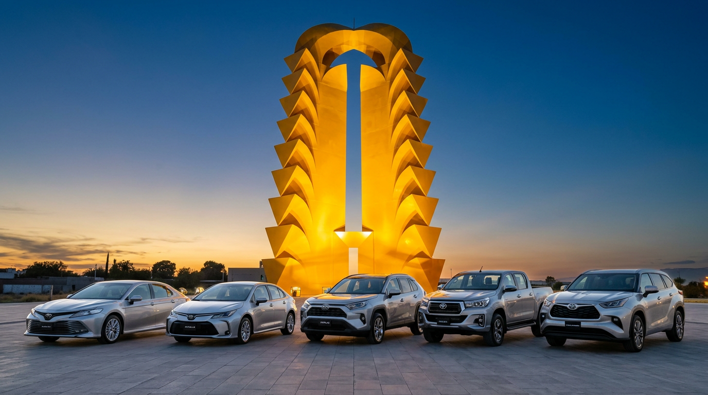 Flotilla ARRENDAUTO de cinco Toyota en plata frente a la Puerta Amarilla de Torreón, Coahuila